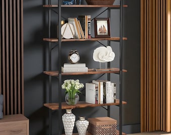 Bibliothèque industrielle, support décoratif | Étagere bibliothèque à 5 niveaux avec cadre en métal, grande étagère de rangement pour le salon ou le bureau