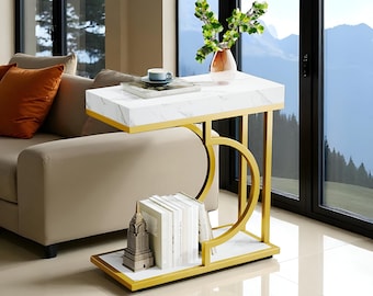 Table de chevet imitation marbre blanc et doré : pied d'appoint moderne en forme de C