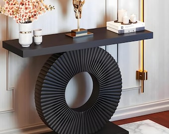 Table console de luxe | Table d'entrée noire avec base géométrique 40 po. | Cadeau unique pour quelqu'un.