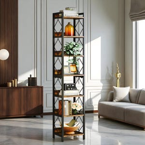 Narrow bookshelf | Decorative stand| Tall bookcase| Storage shelf for Small Spaces, Rustic Brown Freestanding Display Shelves