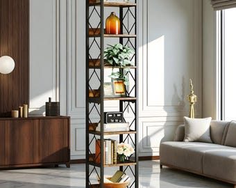 Bibliothèque étroite | Support décoratif| Bibliothèque haute| Étagère de rangement pour les petits espaces, présentoirs autoportants brun rustique