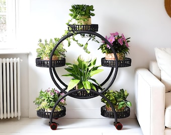 Petit support pour plantes avec roues| Support pour plantes, support pour plantes, 4 couches, 6 pots, roulant pour l'intérieur et l'extérieur pour balcon, terrasse, jardin et salon
