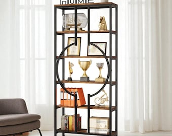 Bibliothèque industrielle | Support à livres en métal, rangement à 6 niveaux en bois rustique et métal noir