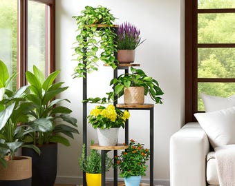 Support pour plantes d'angle | Support à fleurs d'intérieur en bois et métal 4 niveaux