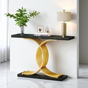 Console Table Black | Marble Side table | 39 Inch Narrow Sofa side with Geometric Gold Legs | Hallway Side storage
