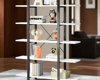 Étagère de luxe industrielle, bibliothèque vintage blanche et noire, support décoratif, présentoir, grande étagère de rangement avec cadre en métal.