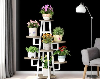 Support pour plante - 7 niveaux de hauteur, étagère d'angle en bois pour plusieurs pots, étagère en métal peu encombrante