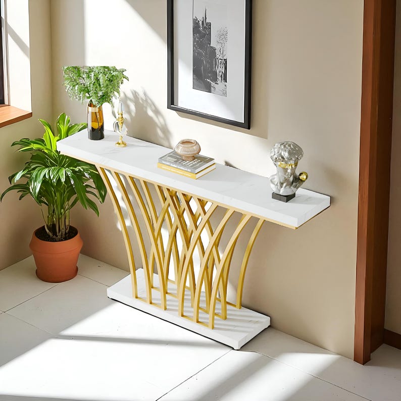 Console Table Gold | Modern Entryway Table Marble With Grid Base, Long ...