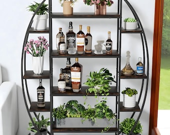 Support pour plante demi-lune | Étagère pour plantes | Étagère à fleurs en métal et en bois, grande pour l'intérieur et l'extérieur.