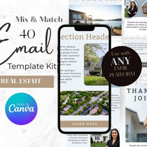 May include: A promotional graphic for a real estate email template kit. The design includes a smartphone mockup displaying an email, the text "Mix & Match 40 Email Template Kit," and the Canva logo.