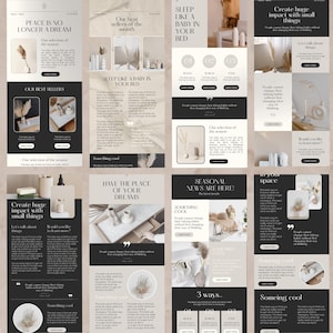 Könnte beinhalten: Eine Collage aus acht Bildern mit minimalistischem Design und einer neutralen Farbpalette. Die Bilder zeigen getrocknete Pampasgräser, Bücher und verschiedene Einrichtungsgegenstände. Der Text in den Bildern enthält Sätze wie "Schlaf wie ein Baby in deinem Bett", "Schaffe große Wirkung mit kleinen Dingen" und "Habe den Ort deiner Träume".