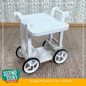Vintage Miniature White Rolling Cart | Painted Wood with Black Trim | 1:12 Scale