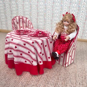 Valentine&#39;s Day Dollhouse Dining Set and Doll | 1:12 Scale Miniature Table & Chairs with Fabric Slipcovers | Red Heart Print