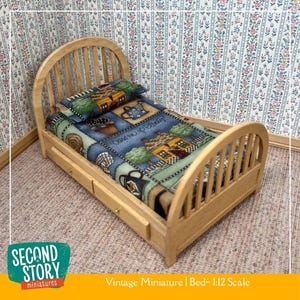 Light Brown Wooden Bed with Garden-Themed Bedding & Pull-Out Drawers; 1:12 Scale