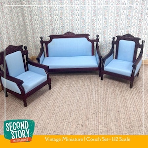 Victorian-Style Parlor Set; Sofa & Two Chairs with Blue Upholstery | 1:12 Scale