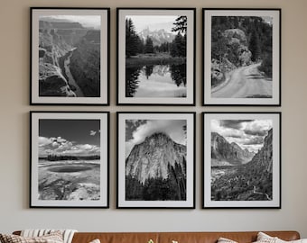 Luxury US National Parks Black and White Wall Art Set of 6 Yosemite, Grand Canyon, Yellowstone, Zion, Grand Teton, Rocky Mountain Wall Frame