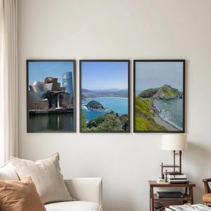 Juego de 3 láminas del País Vasco: Museo Guggenheim, Playa de La Concha, San Juan Gaztelugatxe. Arte mural colorido de viajes por España para decorar el hogar.