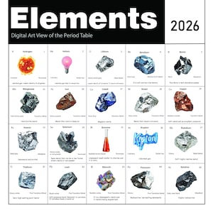 May include: A colorful digital art illustration of the periodic table of elements. Each element is represented by a unique image, such as a light bulb for helium, a crystal for krypton, and a metal shard for iron. The table is titled "Elements 2026" and "Digital Art View of the Period Table".