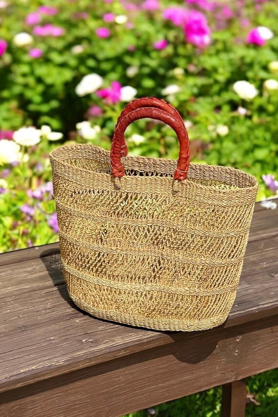 HOT Basket Straw Tote Bag Leather Handles Handwoven Straw