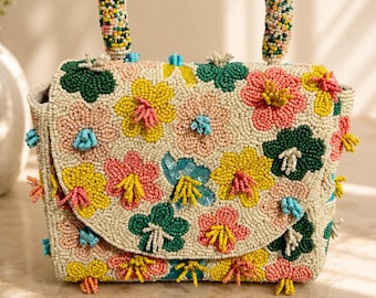Handmade Beaded Shoulder Bag | Colorful 3D Floral Seed Bead Purse, Statement Handbag