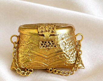 Handcrafted Gold Mini Clutch Box | Embossed Metal Trinket Purse, Indian Wedding Favor