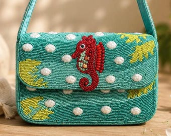 Handmade Seahorse Beaded Shoulder Bag | Ocean Inspired Evening Purse | Coastal Statement Handbag | Gift for Her