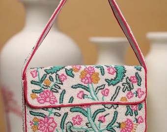 Hand Beaded Floral Shoulder Bag | Pink Green Ivory Purse, Statement Handbag