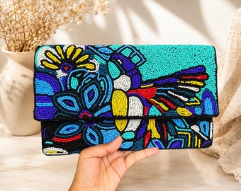Colorful Hand Beaded Clutch | Envelope Crossbody Purse with Chain | Floral Evening Bag| Statement Purse | Gift for Her