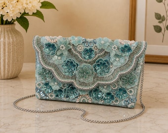 Beaded Sequin Sling Bag | Handmade Beaded Evening Clutch | Detachable Chain Purse | Wedding & Bridesmaid Gift