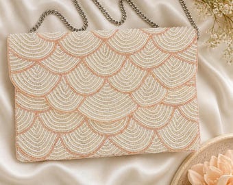 Ivory & Blush Hand Beaded Envelope Clutch Bag| Bridal Evening Bag| Statement Purse | Gift for Her