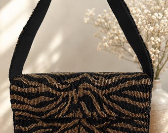 Black Gold Beaded Shoulder Bag |  Zebra Print Handbag| Handmade Evening Purse, Statement Party Bag | Unique Gift for Her