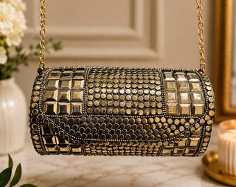 Handcrafted German Silver Round Clutch Bag | Embossed Metal Evening Purse, Bridal Accessory