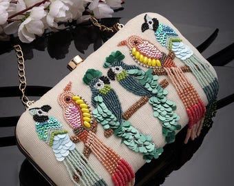 Beaded Bird Clutch Bag | Embroidered Evening Purse, Nature Inspired Ivory Fabric