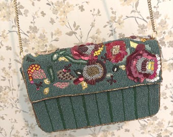 Hand Beaded Green Floral Shoulder Bag | Statement Clutch with Gold Chain