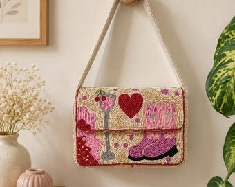 Beaded Shoulder Bag | Cocktail, Cowboy Boots, Heart Design | Glass Seed Beads Purse
