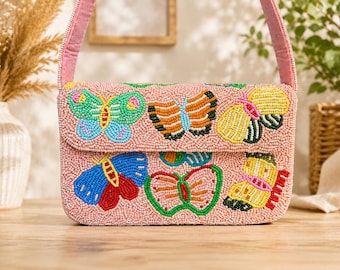 Handmade Beaded Butterfly Shoulder Bag, Pink Blush Statement Clutch