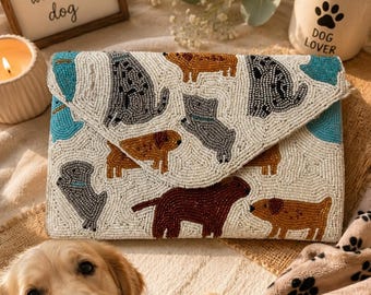 Beaded Dog Lover Clutch Purse | Handmade Pet Themed Envelope Bag