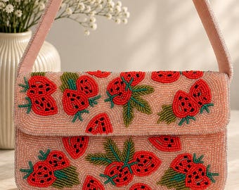 Hand Beaded Strawberry Shoulder Bag | Pink Statement Purse | Gift for Her