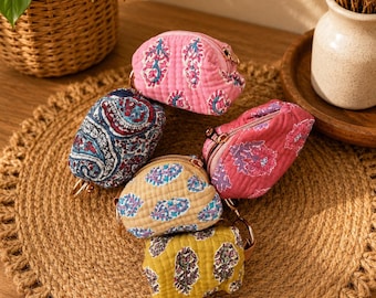 Hand Block Print Quilted Cotton Mini Pouch Keychain, Floral Earphone Case