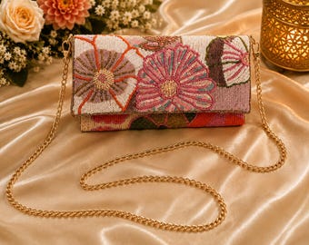 Floral Beaded Clutch Purse | Sequin Evening Bag, Handcrafted Party Handbag