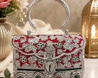 Handcrafted Metal Clutch Bag, Red & Green Meenakari Purse with top Handle, Indian Wedding Handbag, Ethnic Metal Clutch, Festive Gift