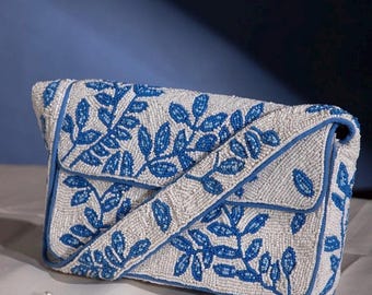 Blue Ivory Beaded Shoulder Bag, Botanical Leaf Design, Handmade Statement Purse