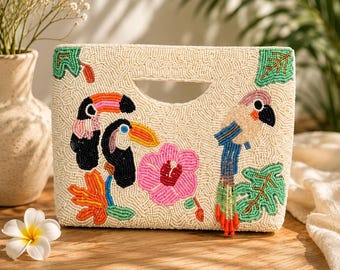 Handmade Tropical Bird Beaded Clutch | Toucan & Parrot Evening Bag | Beaded Statement Purse | Convertible Shoulder Bag | Gift for Her