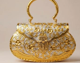 Vintage Gold Embossed Handbag | Ornate Metal Clutch | Indian Wedding Clutch | Bridal Handbag | Luxury Party Bag | Statement Gift for Her