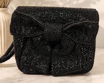 Black Beaded Bow Wristlet Bag, Handmade Beaded | Elegant Evening Bag | Statement Pusre | Wedding Party Clutch, Gift for Her