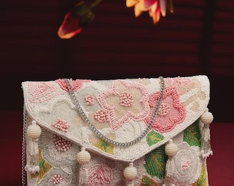 Beaded Floral Envelope Clutch | Pearl Tassel Evening Purse, Wedding Bag