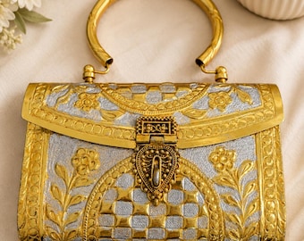 Vintage Hand Carved Metal Handbag | Ornate Floral Gold Clutch