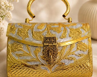 Vintage Hand Carved Metal Handbag | Ornate Floral Gold Clutch
