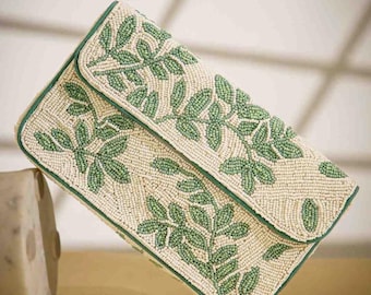 Mint Green Beaded Shoulder Bag, Botanical Leaf Design, Handmade Statement Purse