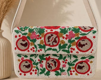 Hand Beaded Pomegranate Shoulder Bag| Floral Statement Purse| Gift for her